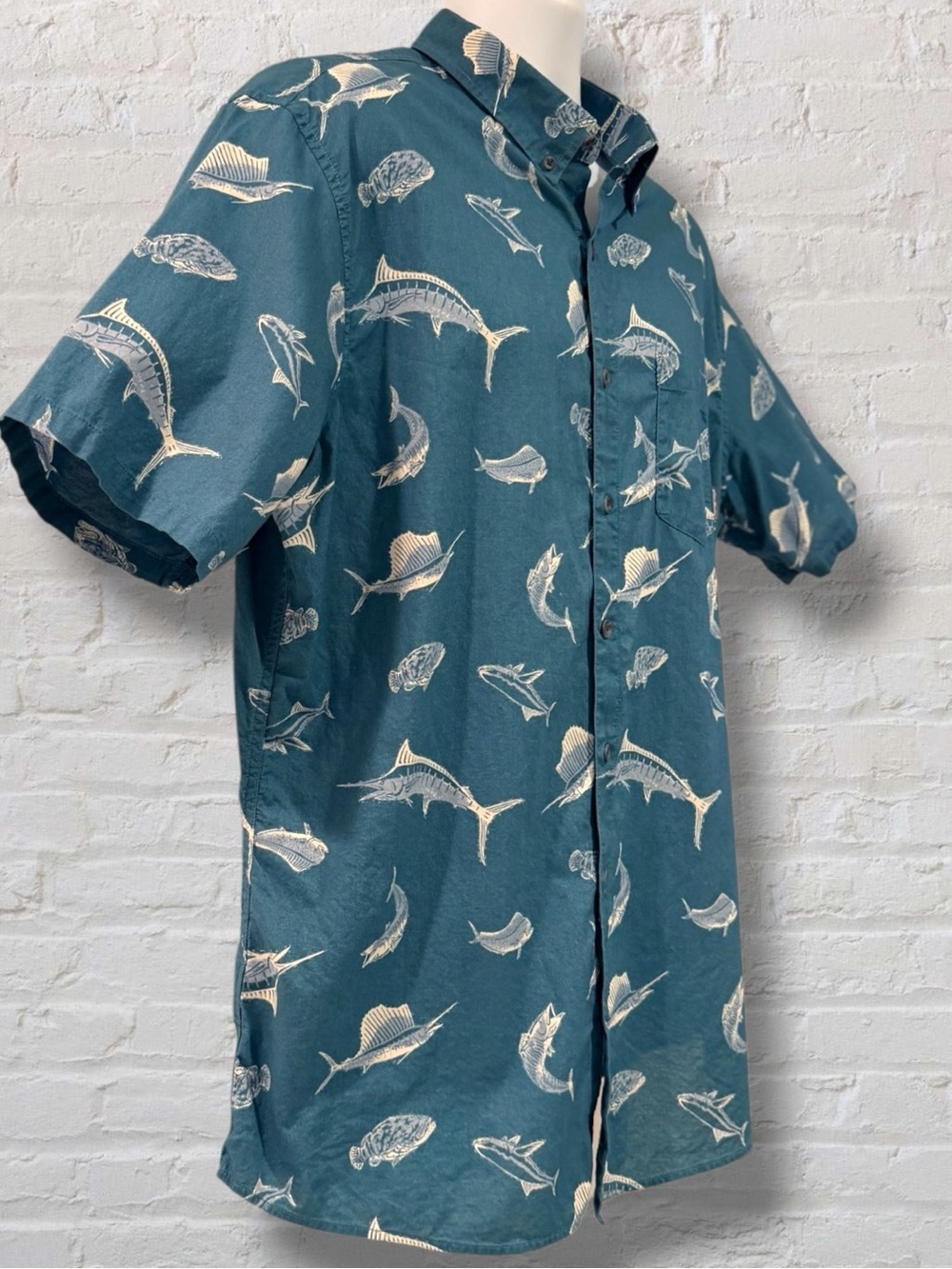 Teal blue short sleeve button-front shirt allover fishing / coastal fish print